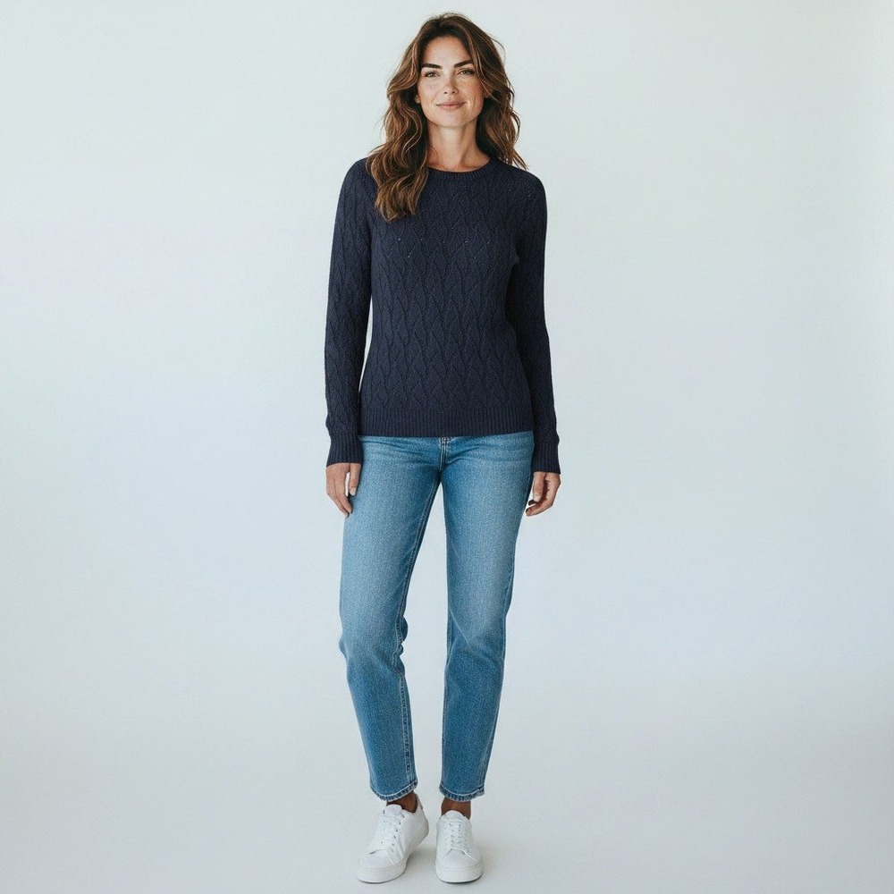 NWT Ann Taylor Loft Womens Navy Blue Chevron Knit Crewneck Sweater Small NEW